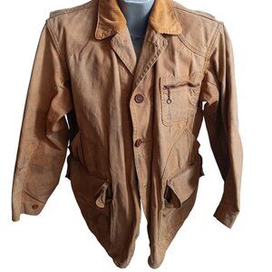 Large Vintage 1950s Tin Cloth Corduroy Collar Hunting Jacket With Shell Pockets